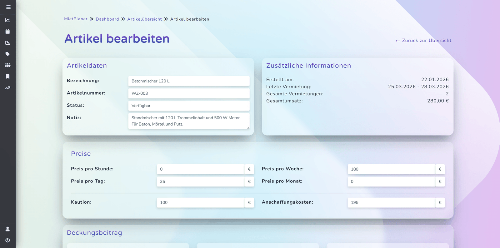 Übersicht der Artikelverwaltung in MietPlaner